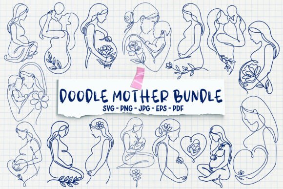 15 Motherhood Doodle Line Art Set