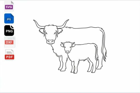 Highland Cow Mom and Calf SVG Line Art